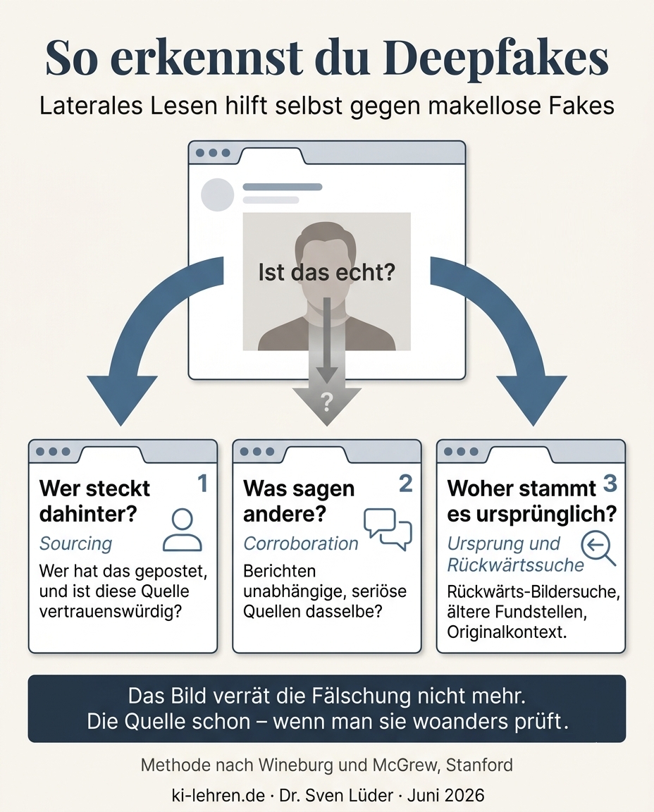 Infografik: So erkennst du Deepfakes. Laterales Lesen in drei Schritten – Wer steckt dahinter (Sourcing), Was sagen andere (Corroboration), Woher stammt es ursprünglich (Ursprung und Rückwärtssuche).